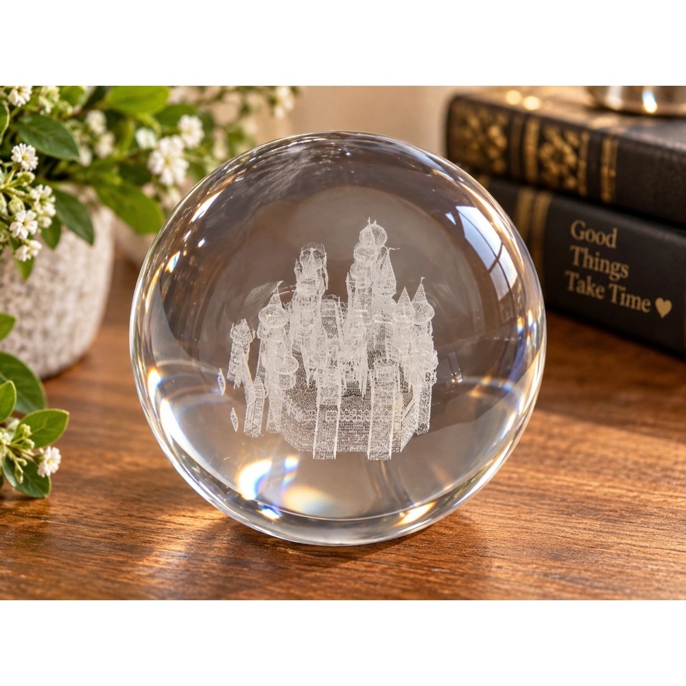 3D Laser Etched Crystal Castle Globe Sphere Paperweight Fairytale Fantasy Decor